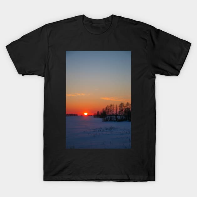 Sunset winter landscape with snow-covered road in violet and pink colors T-Shirt by Olga Berlet